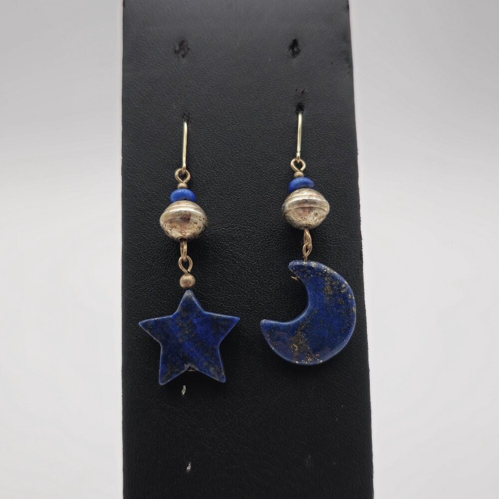 Sterling Silver Lapis Lazuli Star And Moon Tarnished Earrings A3491